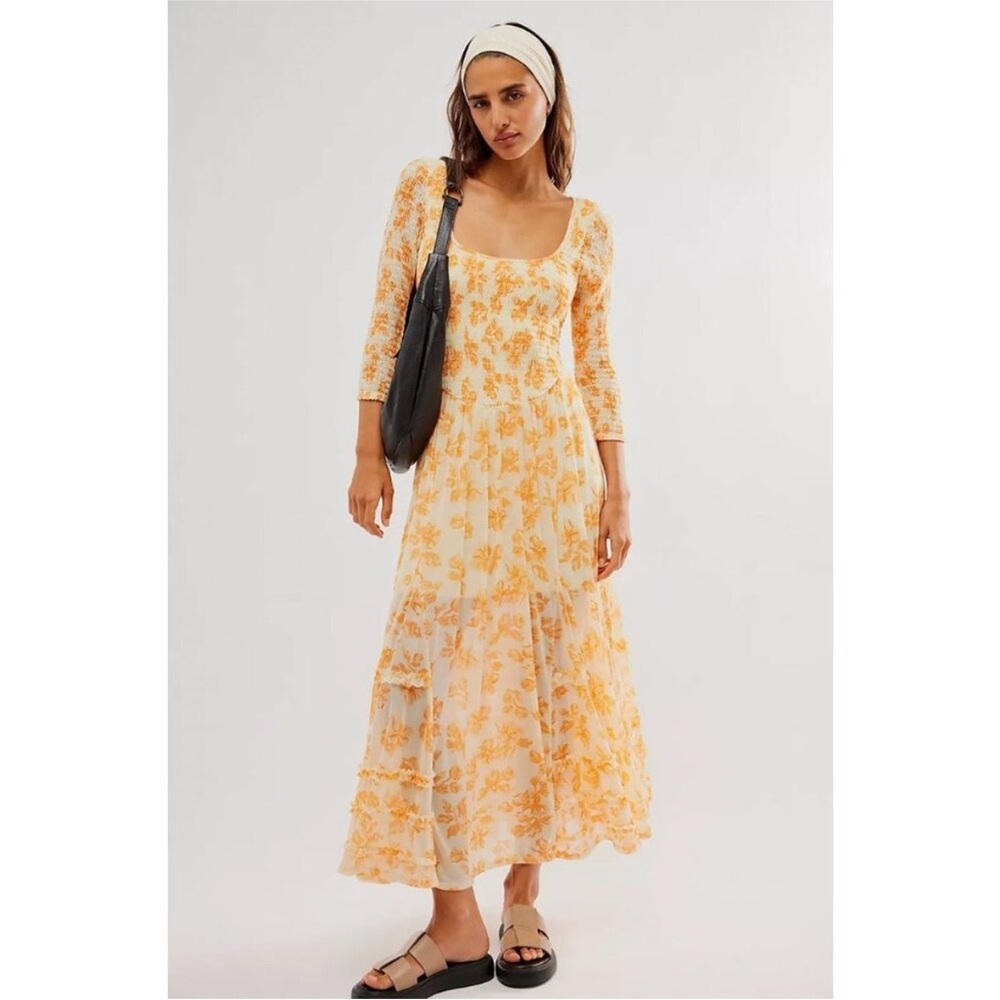 Free People “It’s Fate” Yellow and White Sundress 3/4 Sleeve Scoop Neck
